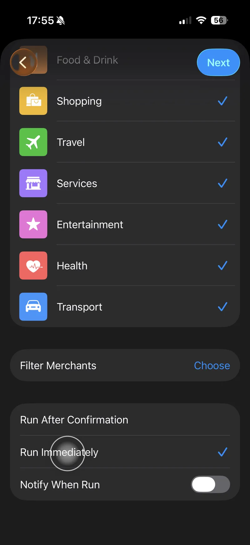 Run Immediately switched on and Notify When Run switched off