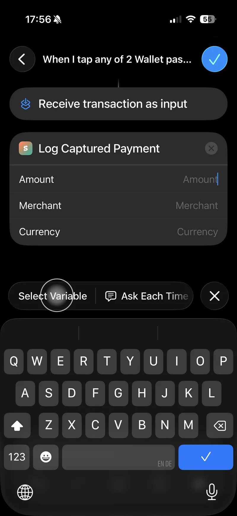 The Log Captured Payment action with its three empty fields