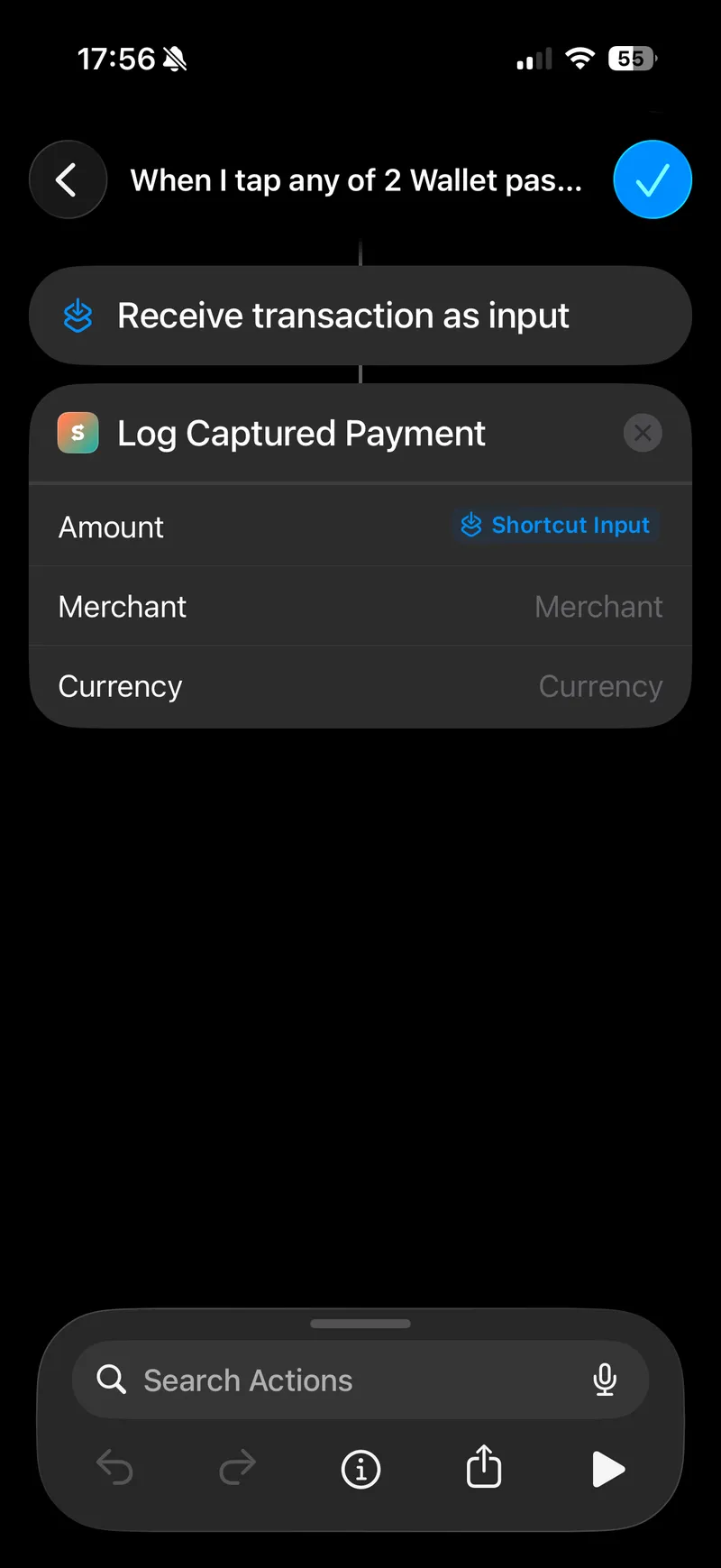 The Amount field set to Shortcut Input, ready to pick a property