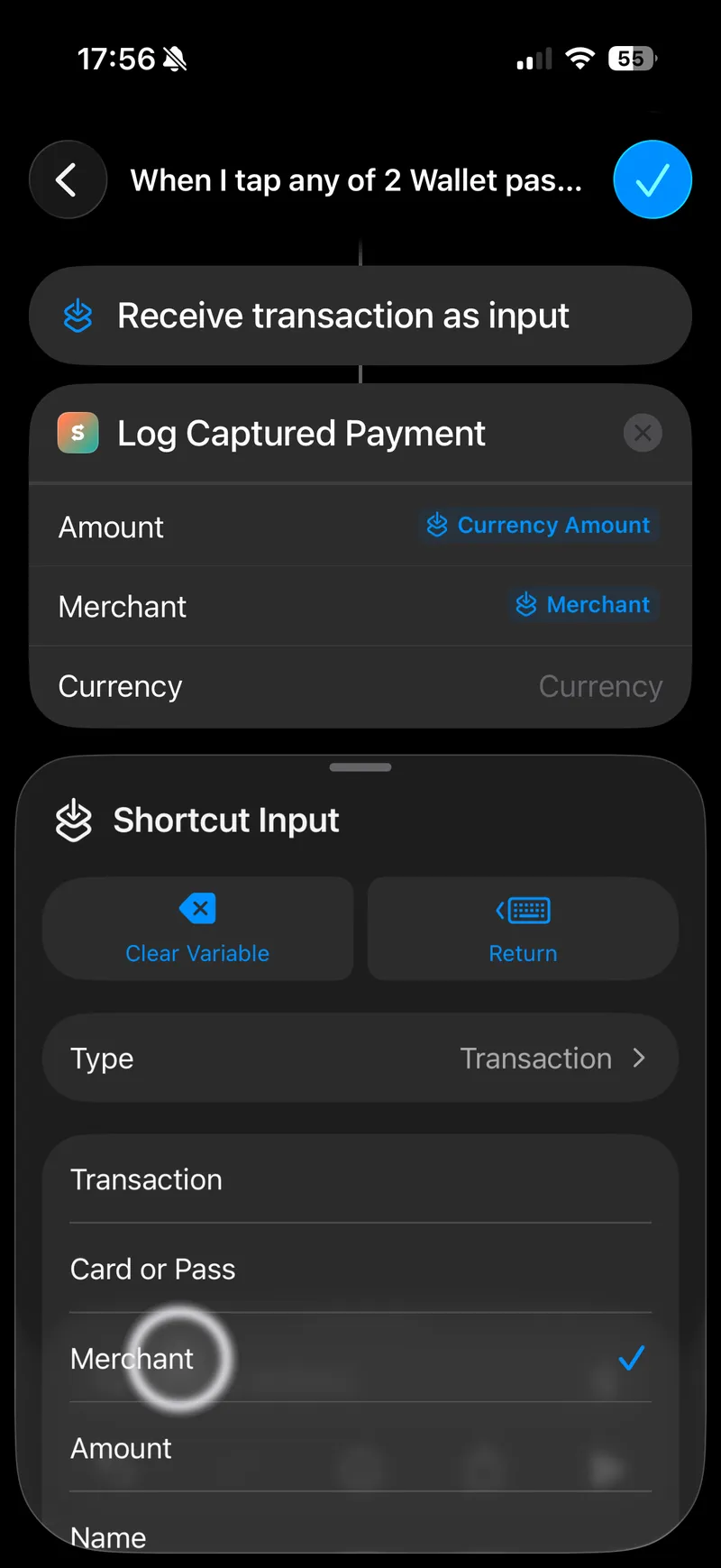 Picking the Merchant property from the transaction, with Type set to Transaction