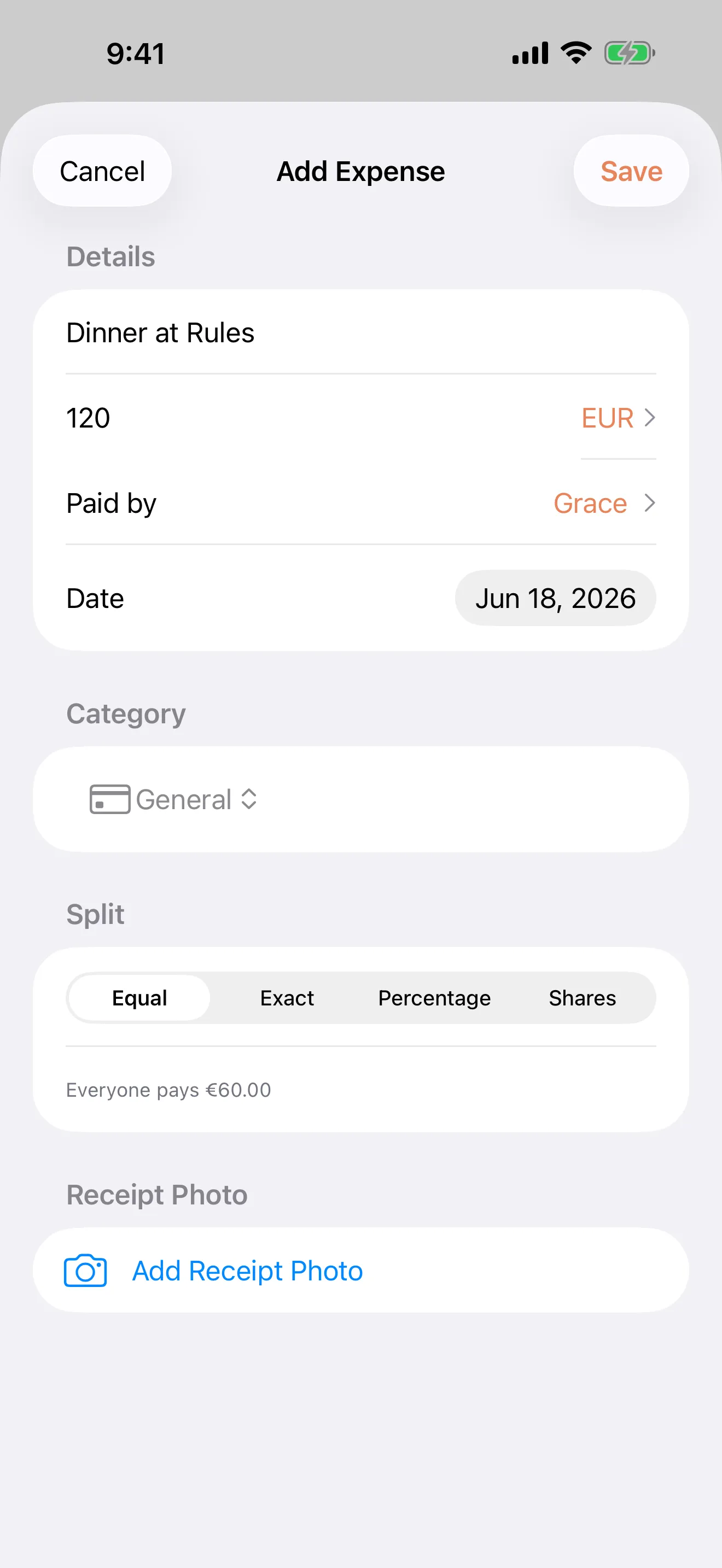 Adding an expense with amount, description, and split