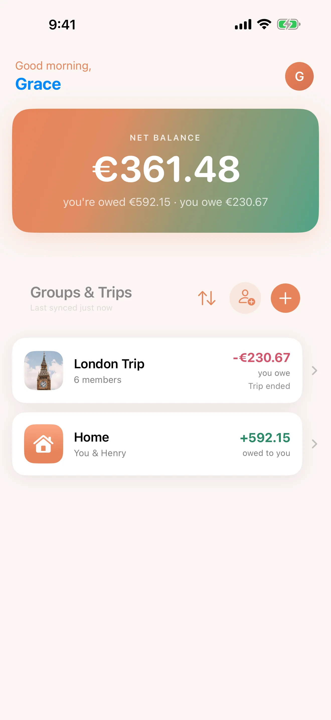 Splitsies home screen with net balance and groups list