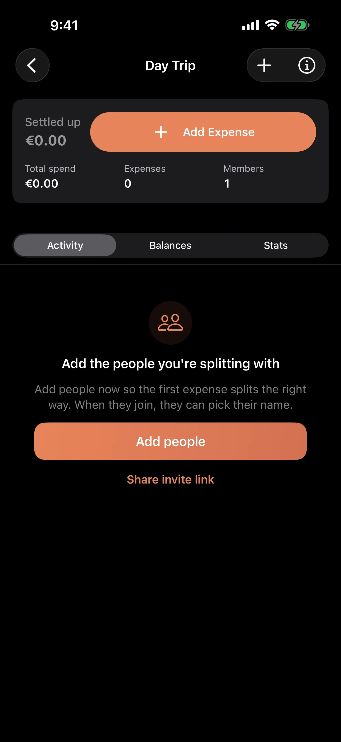 A Day Trip group empty state asking you to add the people you're splitting with