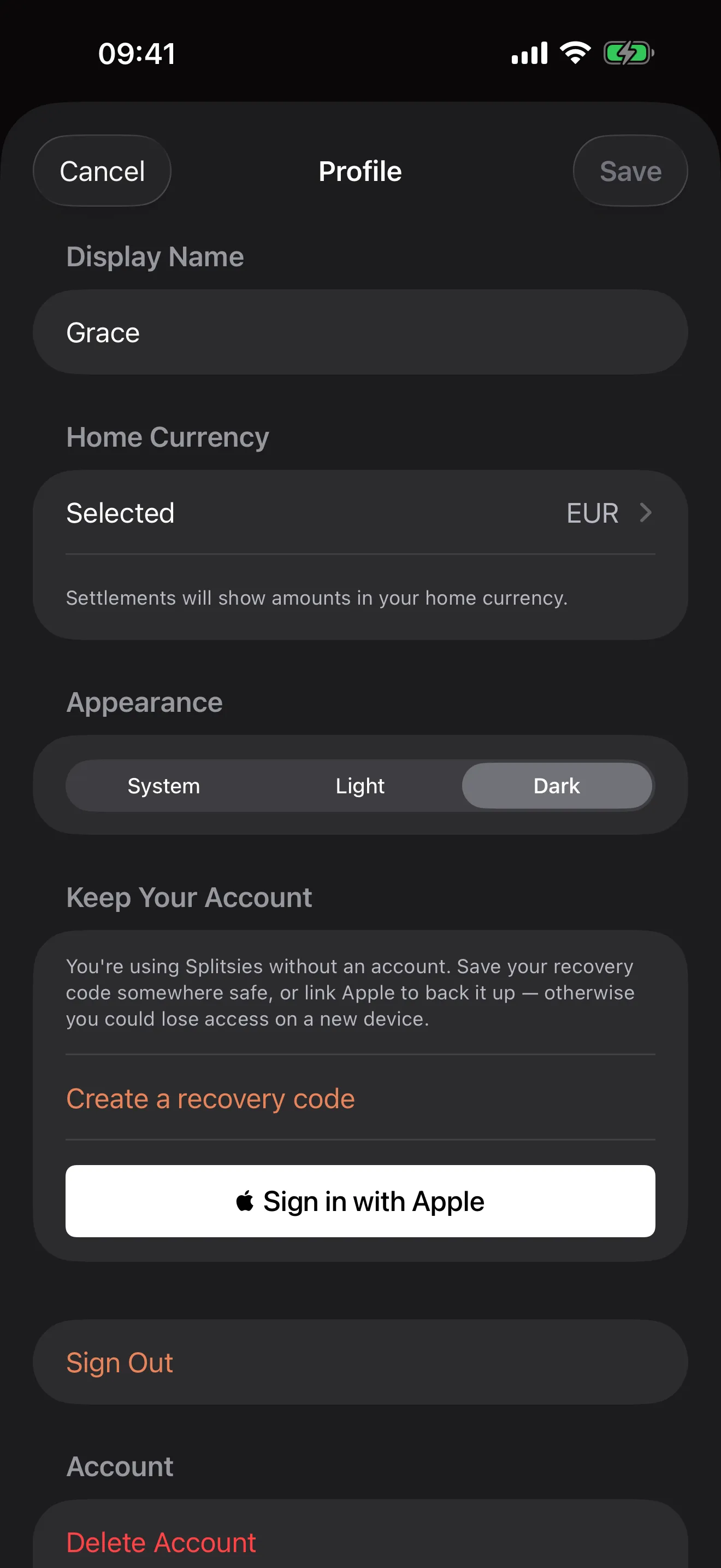 The profile screen showing a 'Keep Your Account' section with a Create a recovery code option and a Sign in with Apple button