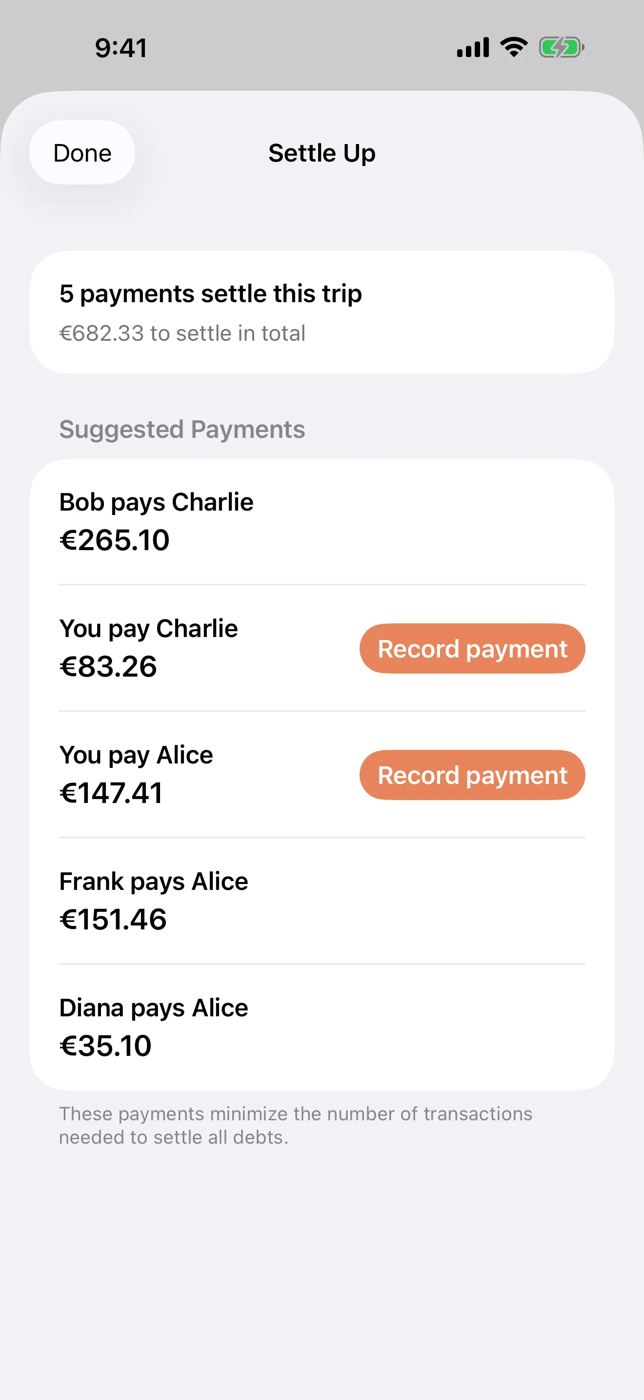 Settle-up screen showing who owes whom